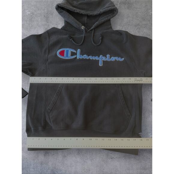 Vtg Champion Reverse Weave Black Hoodie SZ S Spell Out Faded Sweater Destroyed - Picture 6 of 11